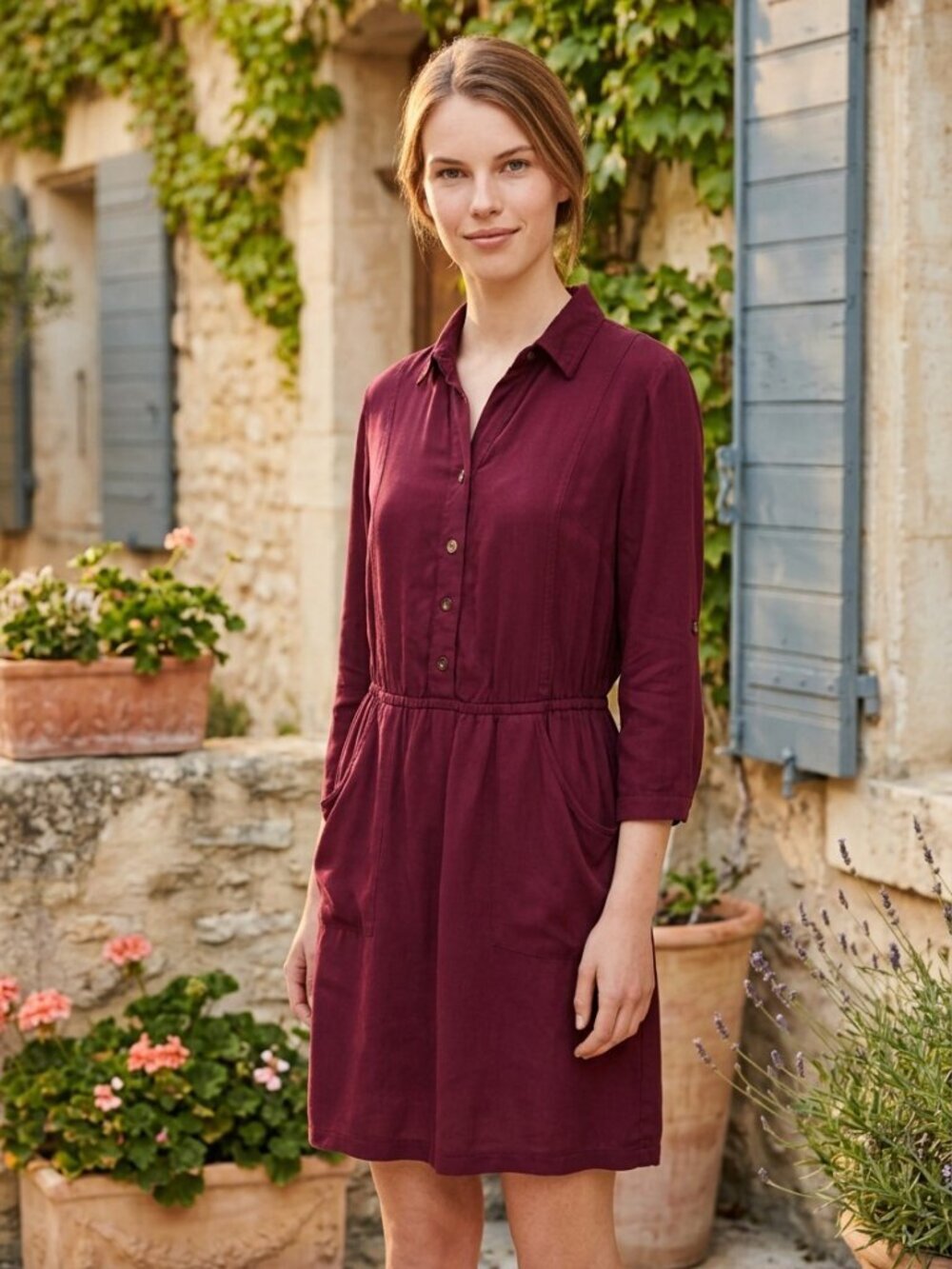 CACHAREL BURGUNDY BUTTON FRONT SHIRT DRESS